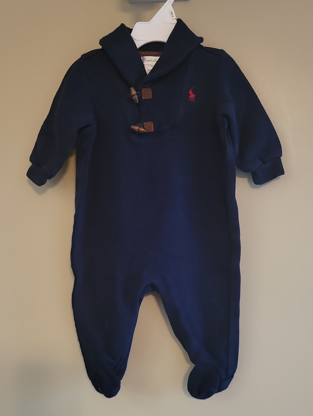 Ralph Lauren navy one piece footed romper with toggle detail